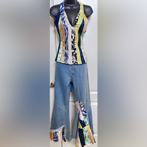 Upcycled two piece Colorful Patchwork brocade Denim and top set size S - Picture 3 of 7